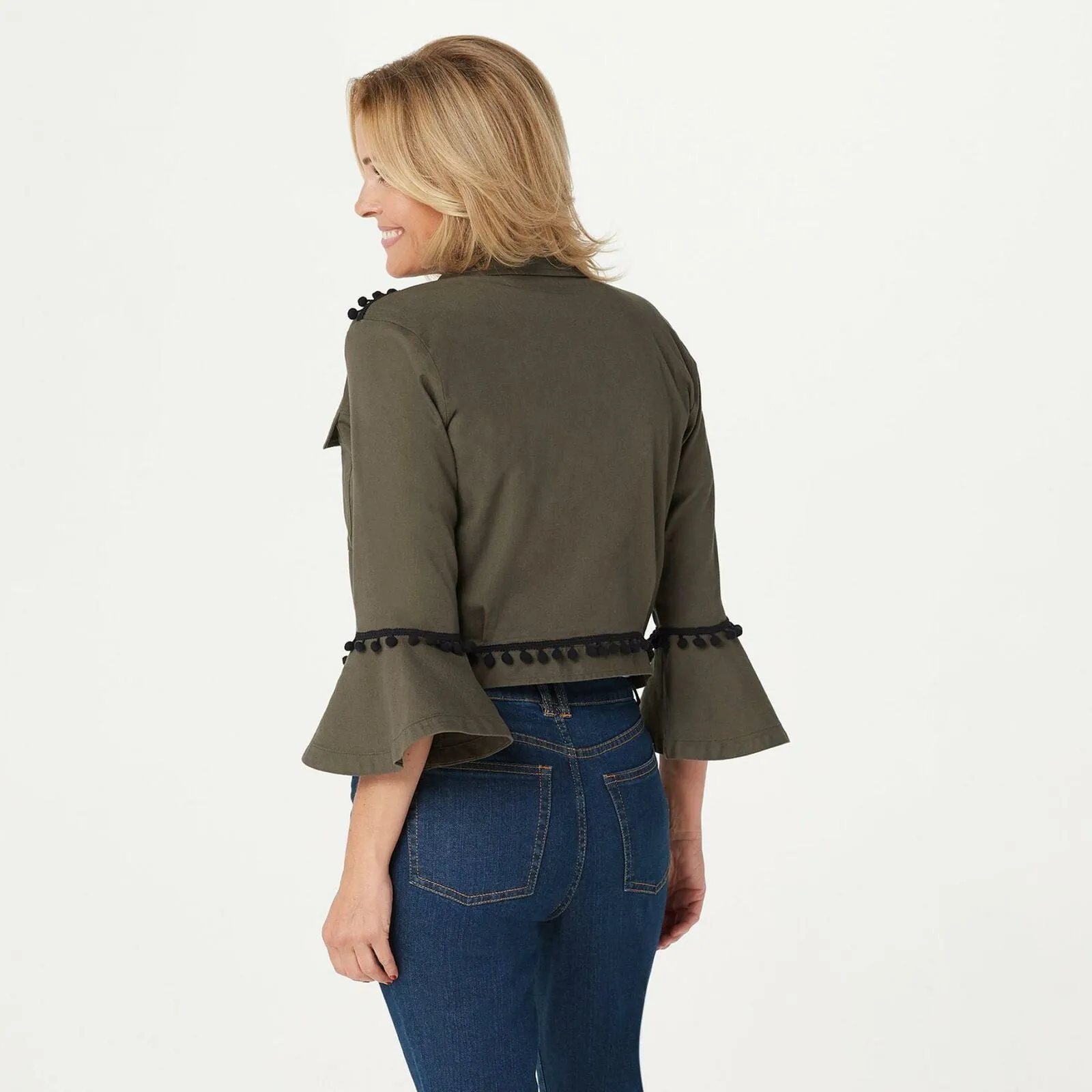 Du Jour Women's Cropped Twill Jacket With Pom Pom Trim