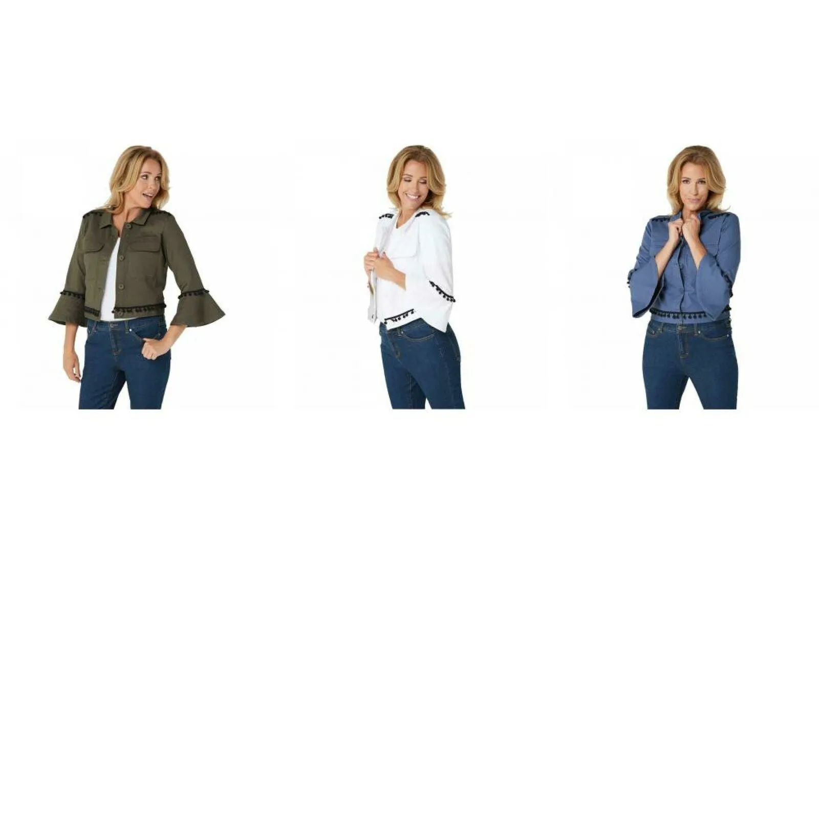 Du Jour Women's Cropped Twill Jacket With Pom Pom Trim