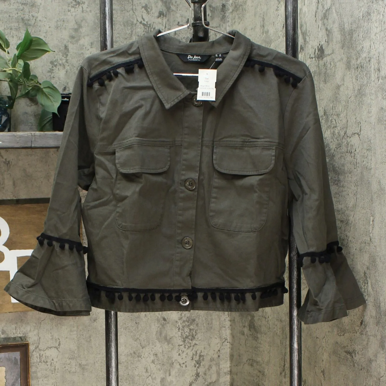 Du Jour Women's Cropped Twill Jacket With Pom Pom Trim
