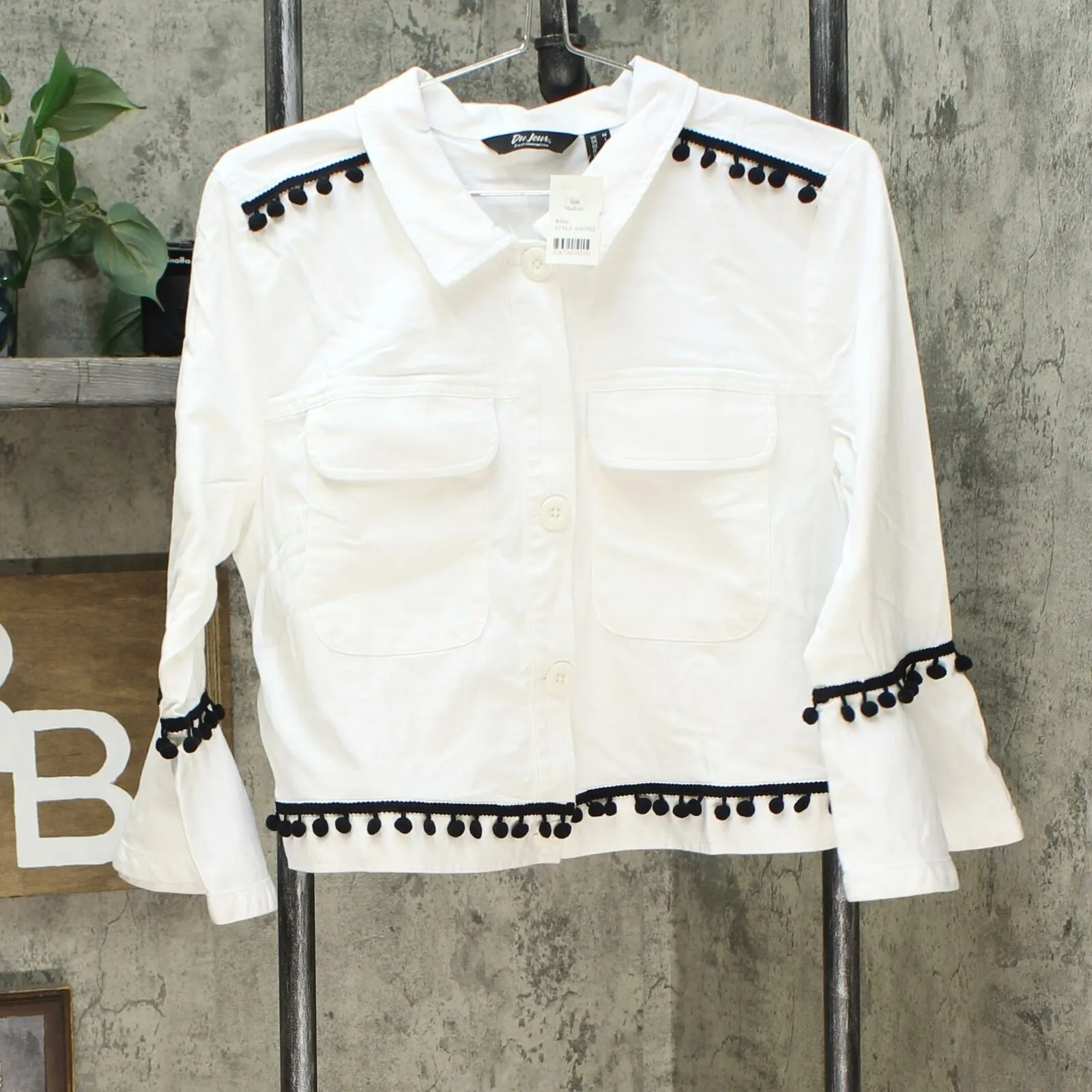 Du Jour Women's Cropped Twill Jacket With Pom Pom Trim