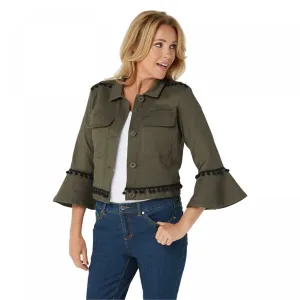 Du Jour Women's Cropped Twill Jacket With Pom Pom Trim