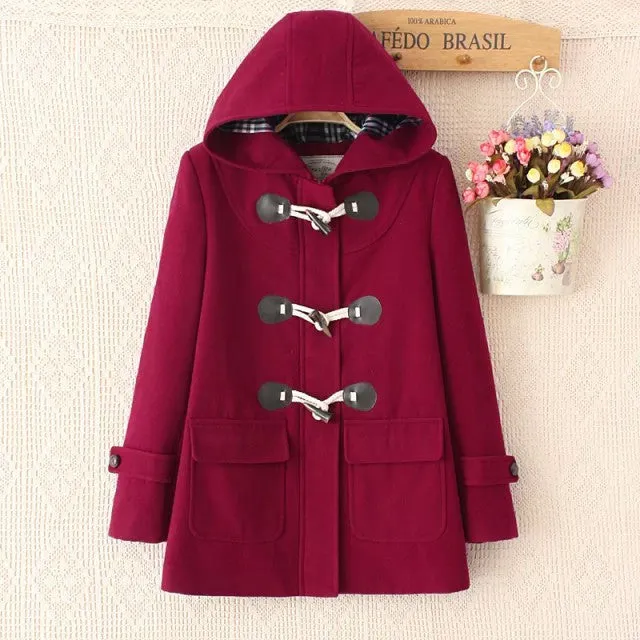 Duffle Coat Long Turn Down Horn Button Hooded Collar Woolen Overcoat Wide Waisted Out Wear coats