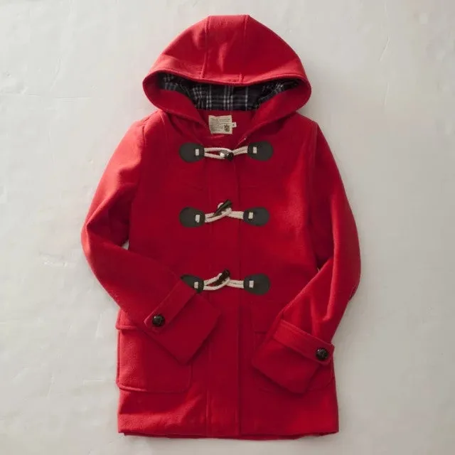 Duffle Coat Long Turn Down Horn Button Hooded Collar Woolen Overcoat Wide Waisted Out Wear coats