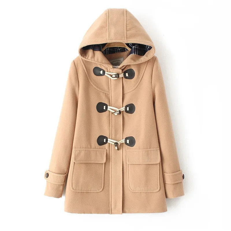 Duffle Coat Long Turn Down Horn Button Hooded Collar Woolen Overcoat Wide Waisted Out Wear coats