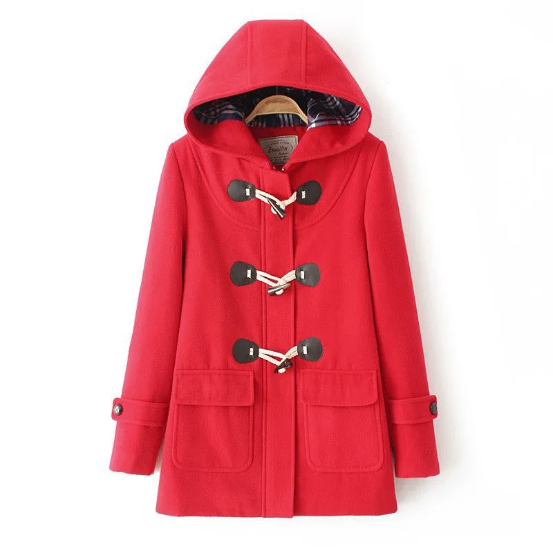 Duffle Coat Long Turn Down Horn Button Hooded Collar Woolen Overcoat Wide Waisted Out Wear coats