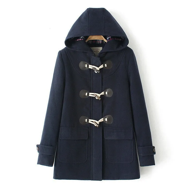 Duffle Coat Long Turn Down Horn Button Hooded Collar Woolen Overcoat Wide Waisted Out Wear coats