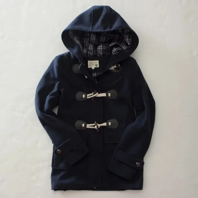 Duffle Coat Long Turn Down Horn Button Hooded Collar Woolen Overcoat Wide Waisted Out Wear coats