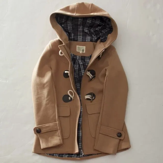 Duffle Coat Long Turn Down Horn Button Hooded Collar Woolen Overcoat Wide Waisted Out Wear coats