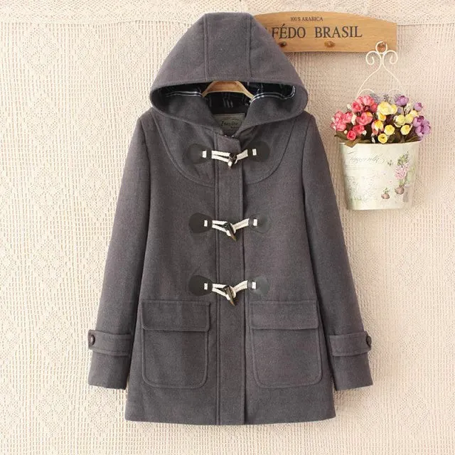 Duffle Coat Long Turn Down Horn Button Hooded Collar Woolen Overcoat Wide Waisted Out Wear coats