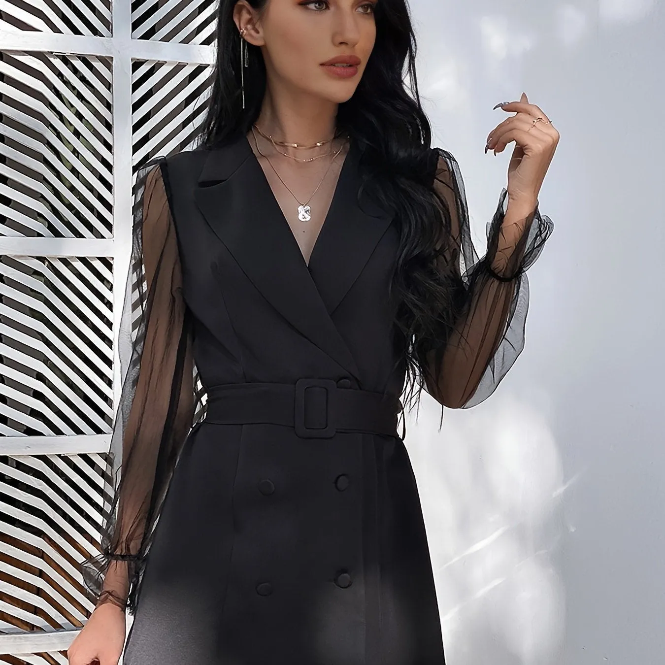 Elegant Blazer, Double Breasted Solid Slim Waist Outerwear
