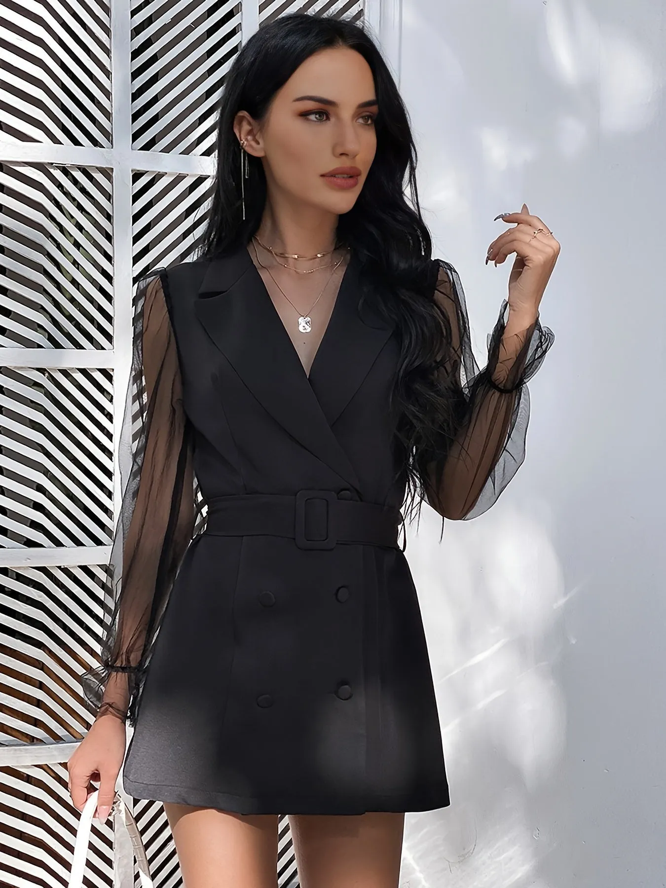Elegant Blazer, Double Breasted Solid Slim Waist Outerwear