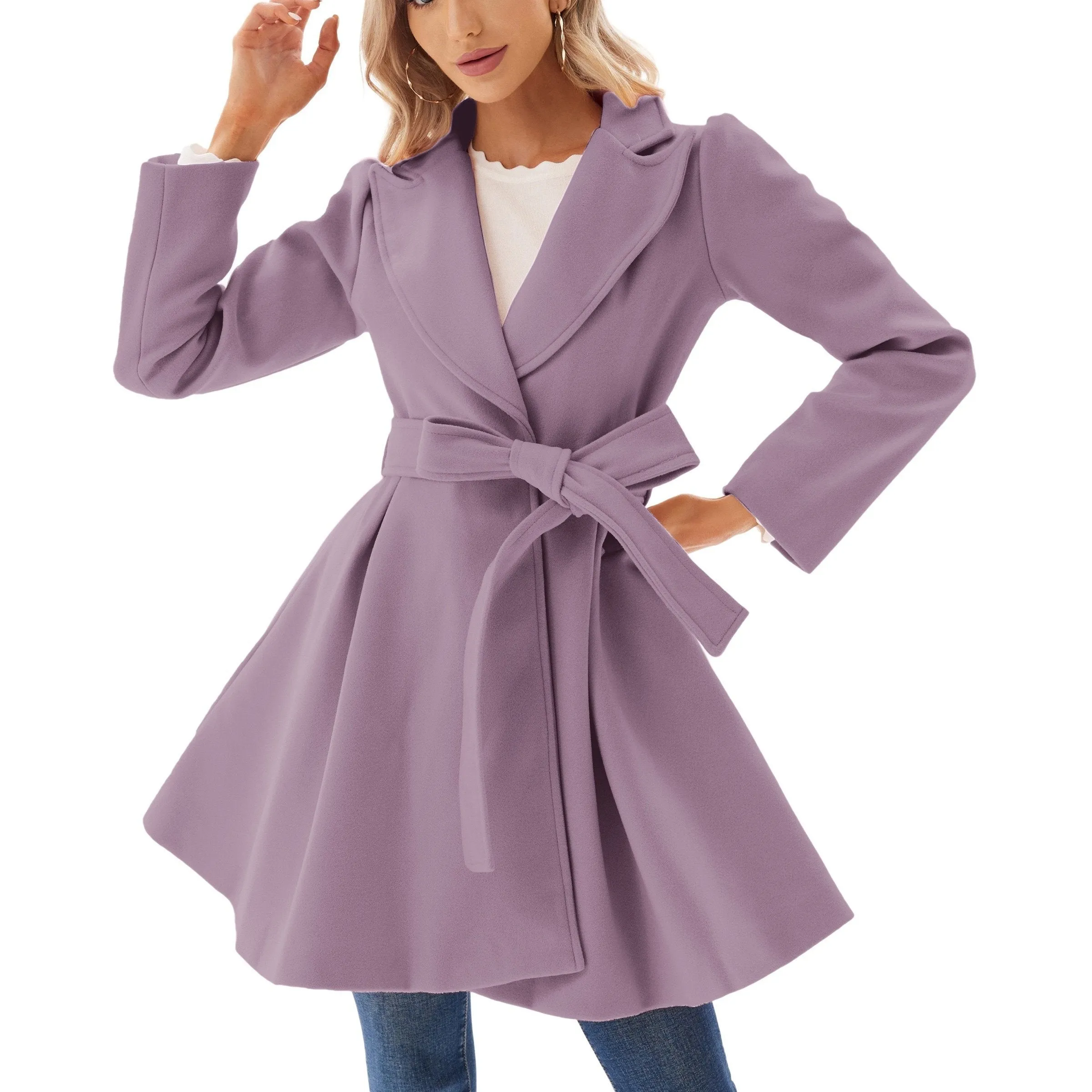 Elegant Lapel Neck Pea Coat with Tie Belt  Womens Outwear