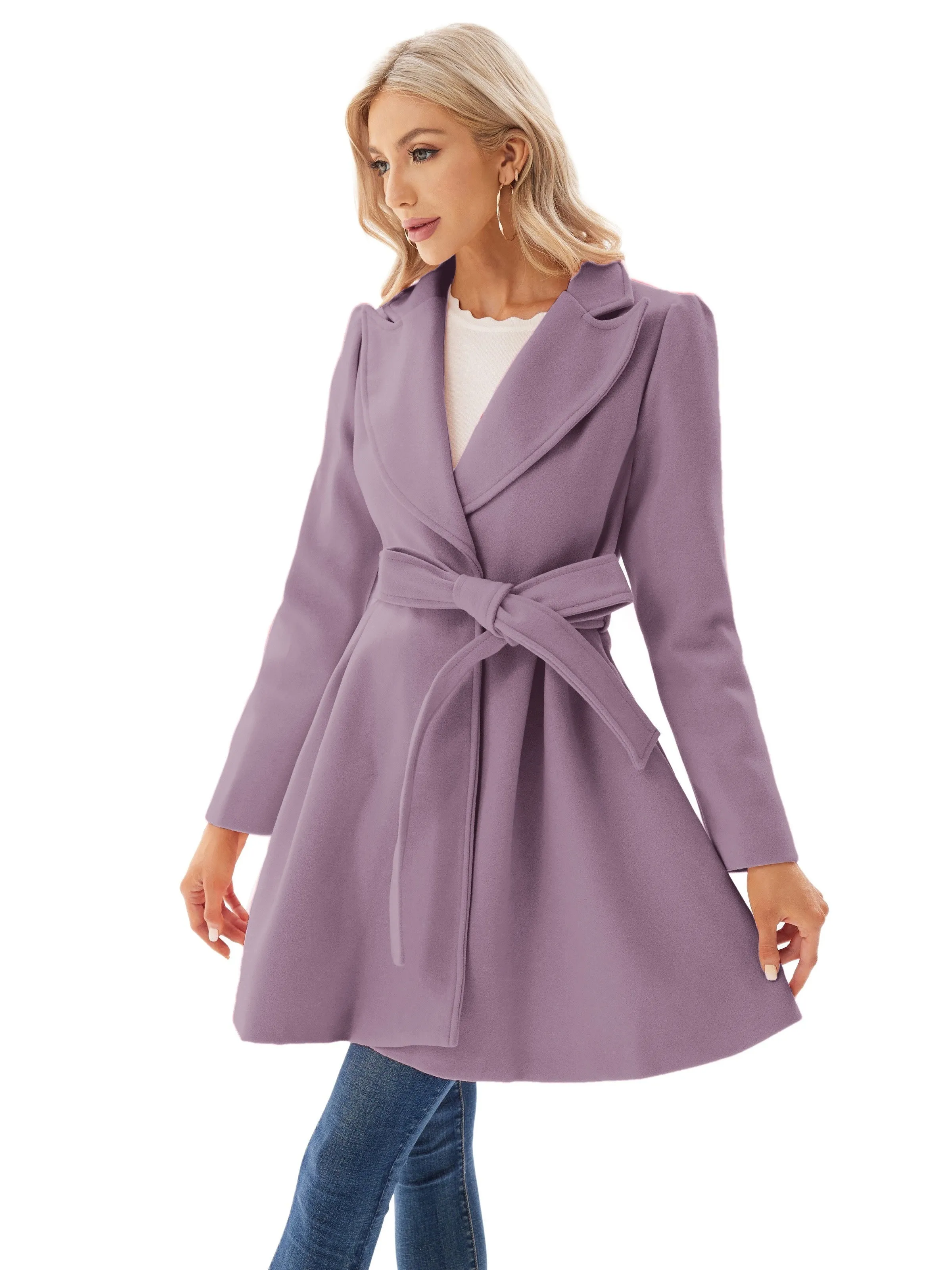 Elegant Lapel Neck Pea Coat with Tie Belt  Womens Outwear