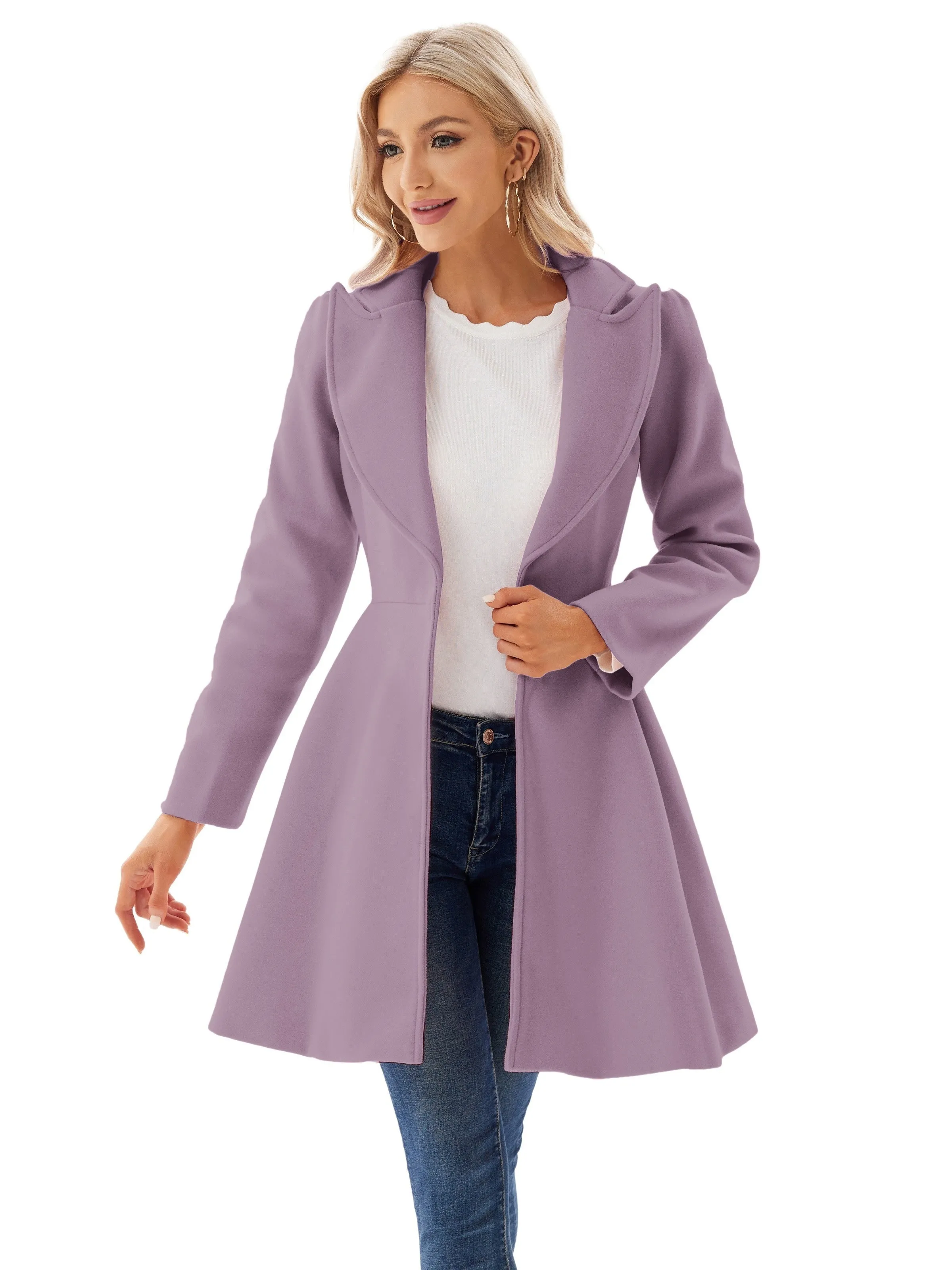 Elegant Lapel Neck Pea Coat with Tie Belt  Womens Outwear