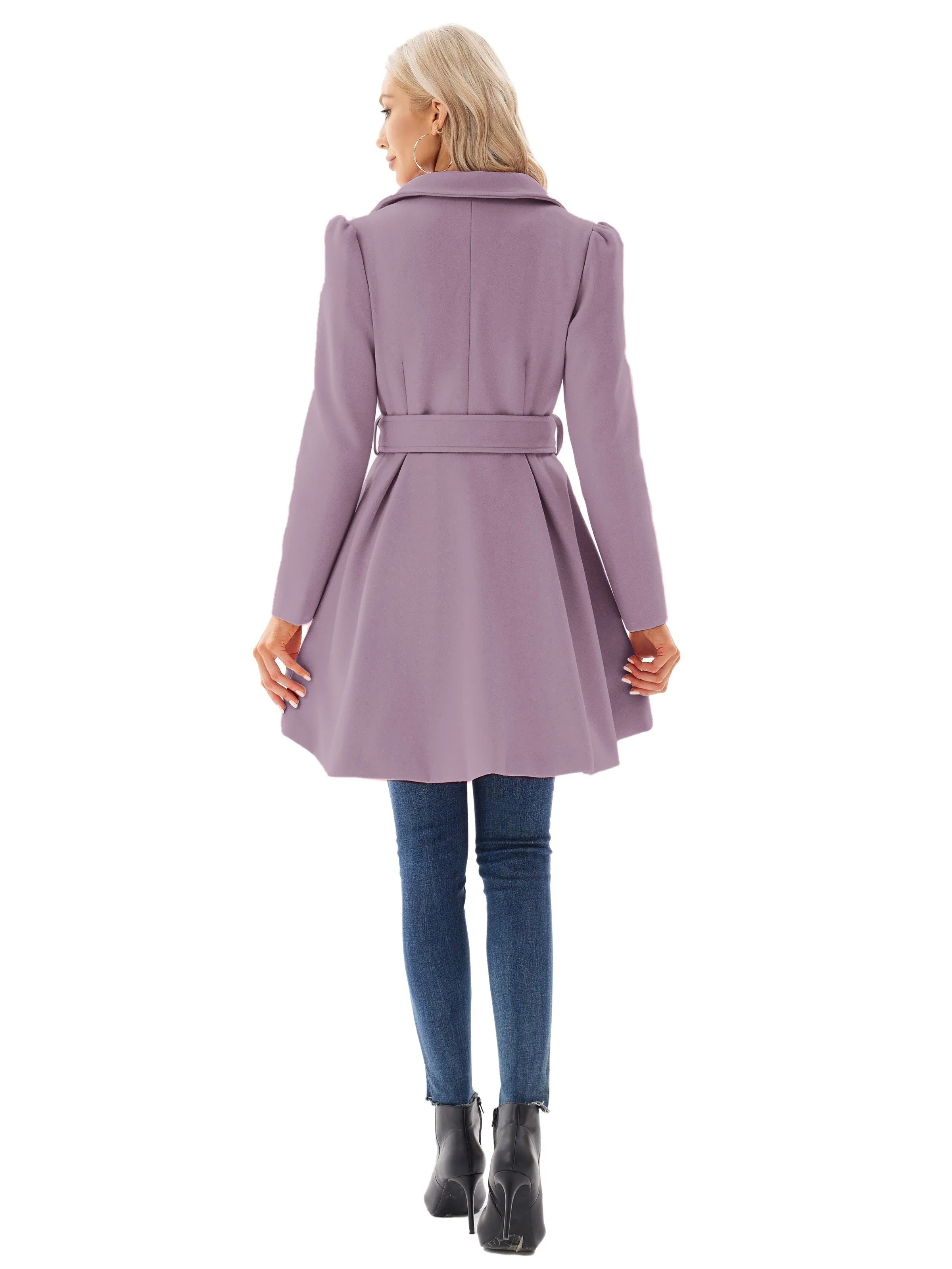Elegant Lapel Neck Pea Coat with Tie Belt  Womens Outwear