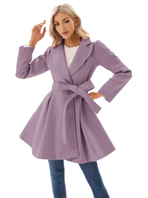 Elegant Lapel Neck Pea Coat with Tie Belt  Womens Outwear