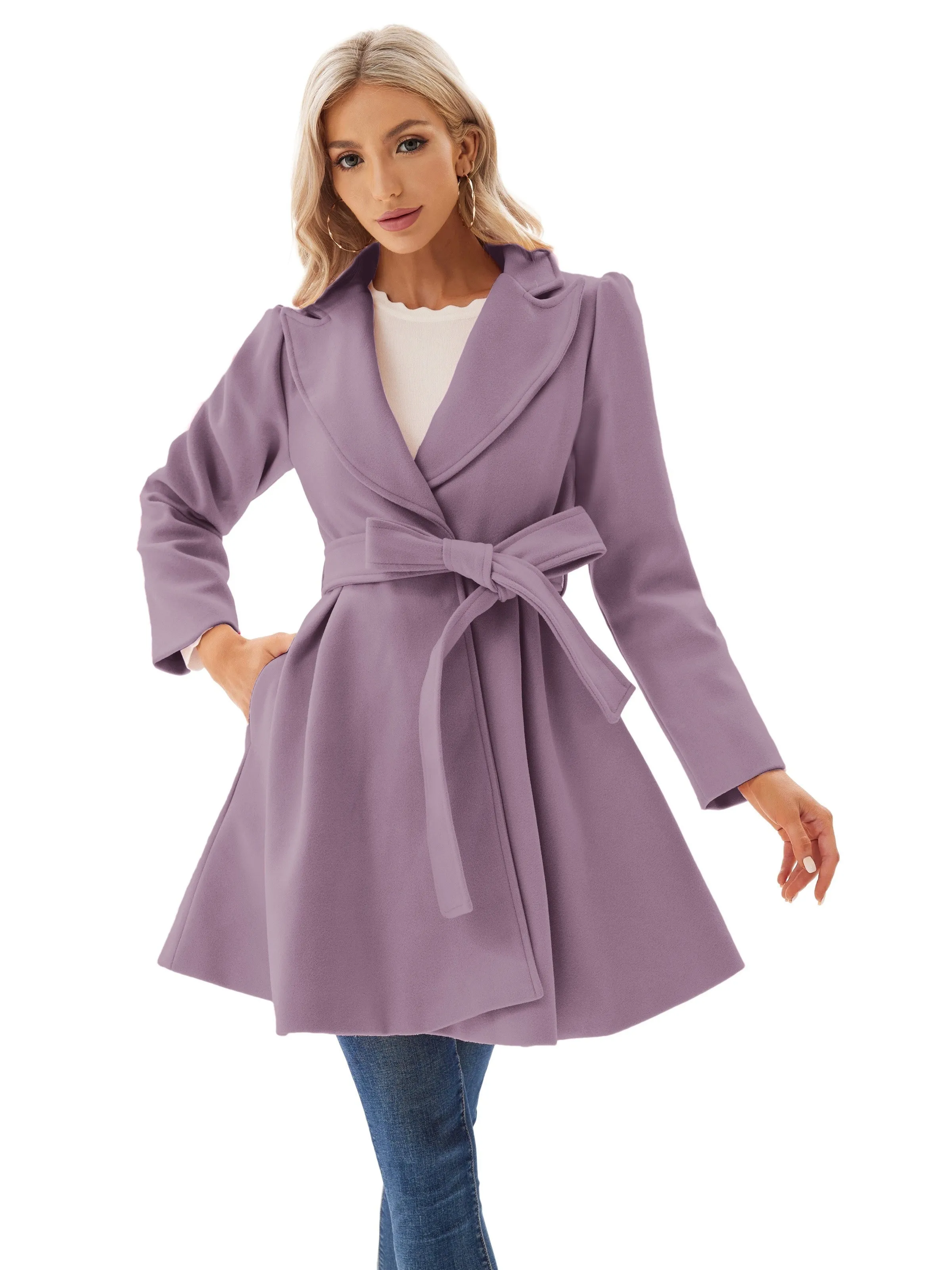 Elegant Lapel Neck Pea Coat with Tie Belt  Womens Outwear