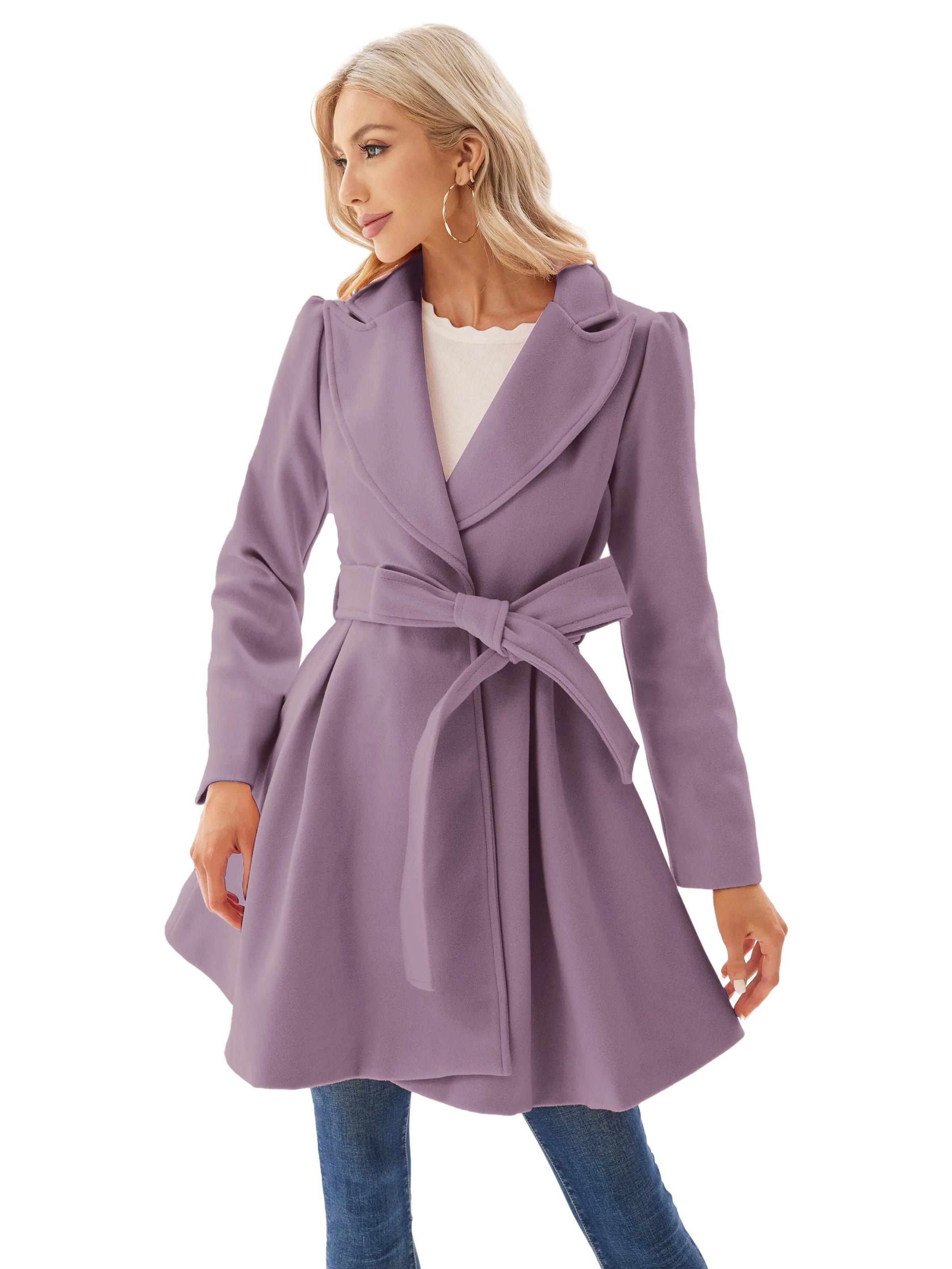 Elegant Lapel Neck Pea Coat with Tie Belt  Womens Outwear