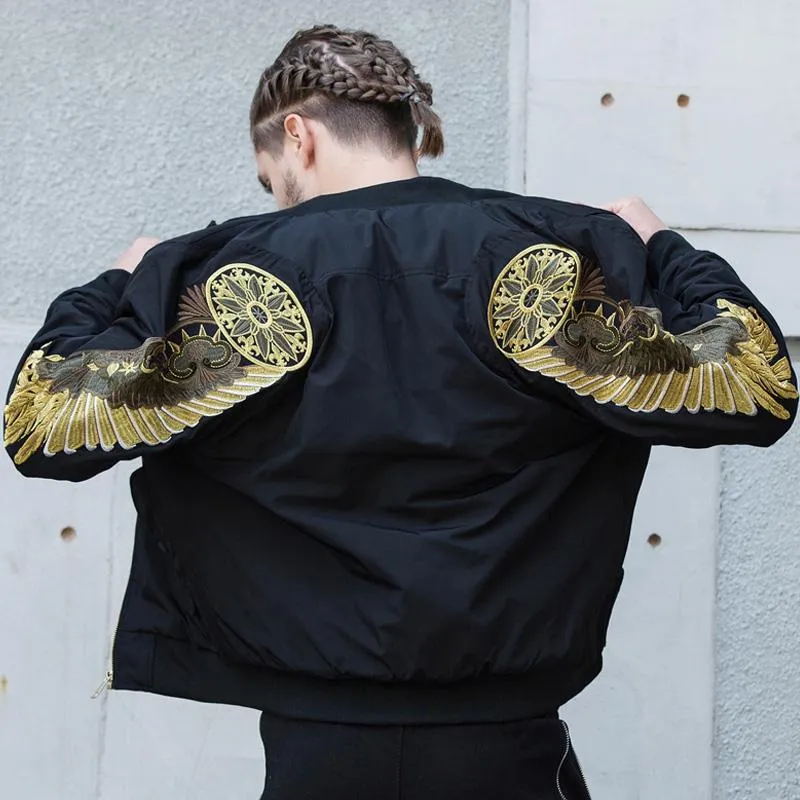 Embroidered Golden Wings Leather Jacket