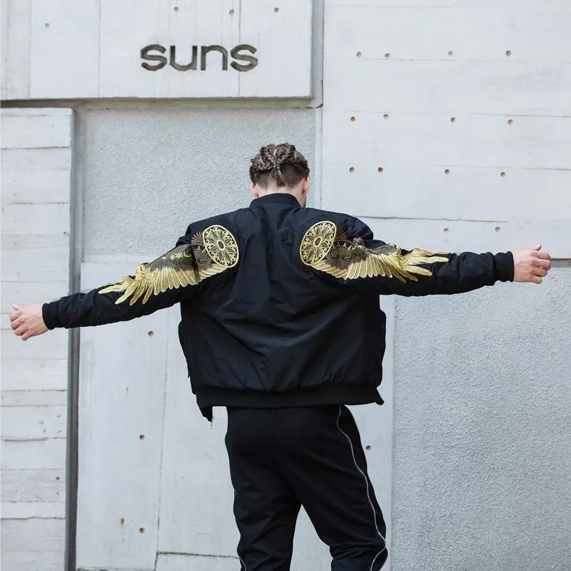 Embroidered Golden Wings Leather Jacket