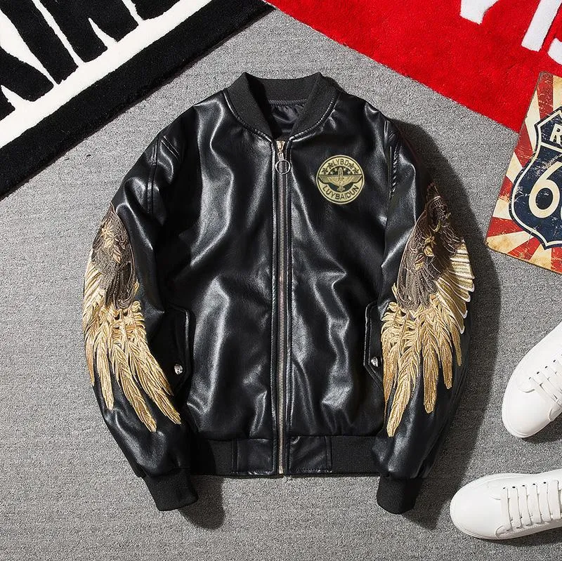 Embroidered Golden Wings Leather Jacket