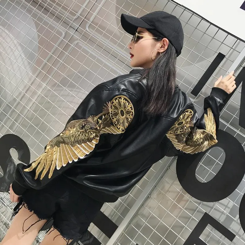 Embroidered Golden Wings Leather Jacket