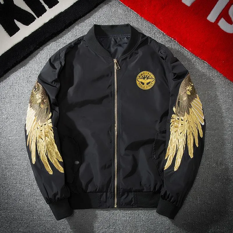 Embroidered Golden Wings Leather Jacket