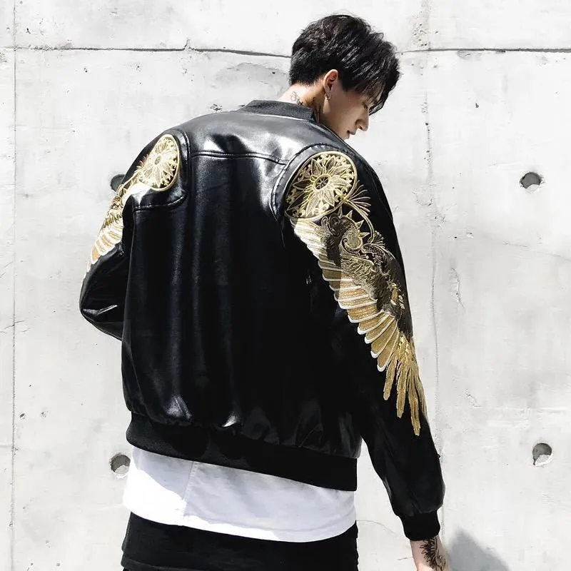Embroidered Golden Wings Leather Jacket