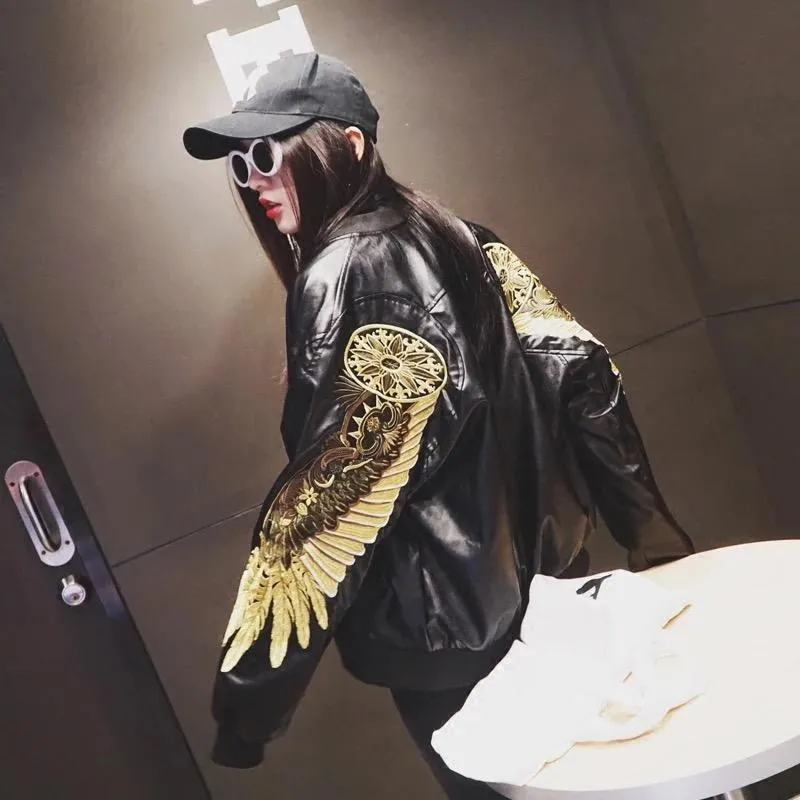 Embroidered Golden Wings Leather Jacket