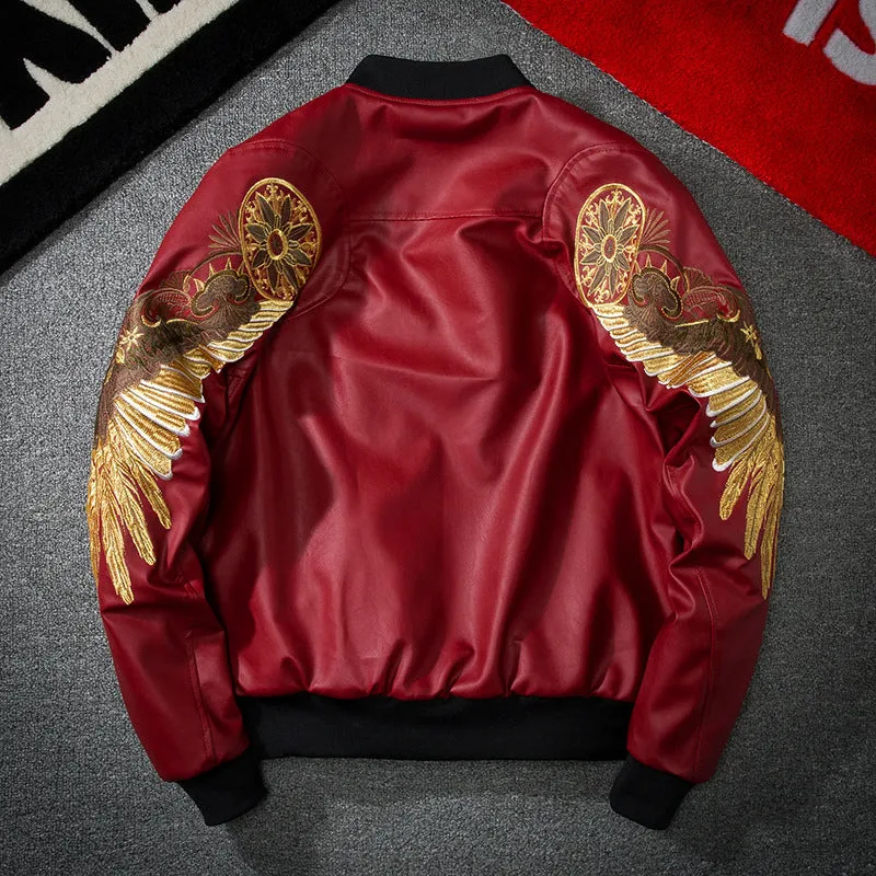 Embroidered Golden Wings Leather Jacket