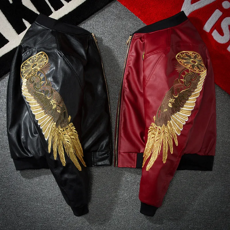 Embroidered Golden Wings Leather Jacket