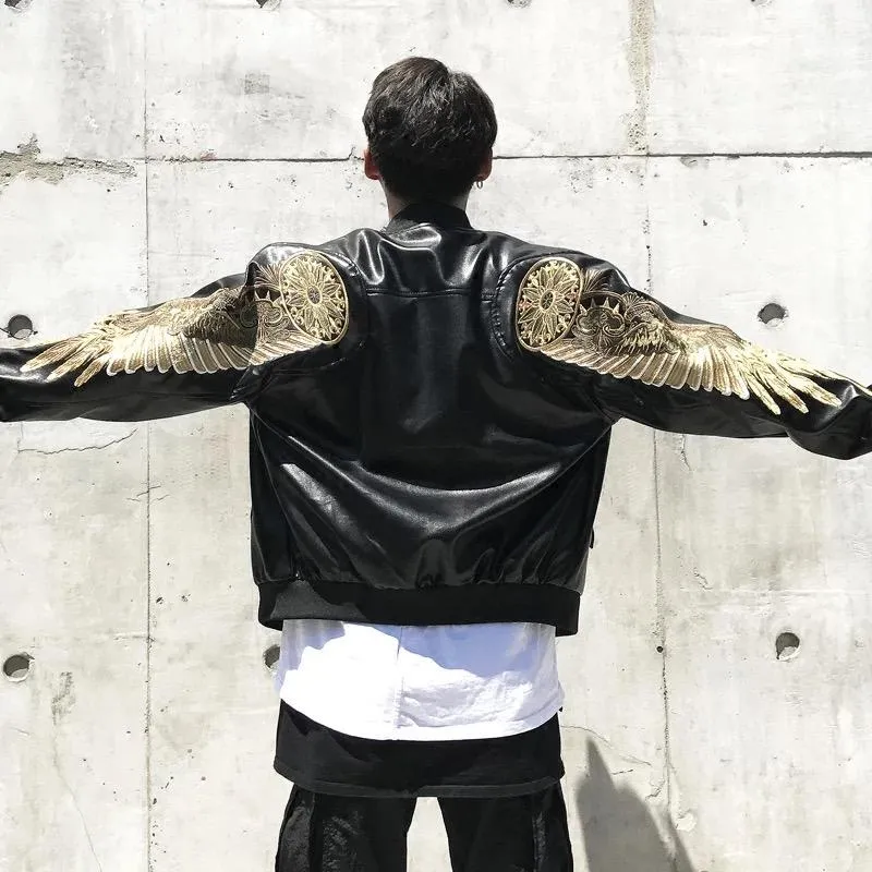 Embroidered Golden Wings Leather Jacket