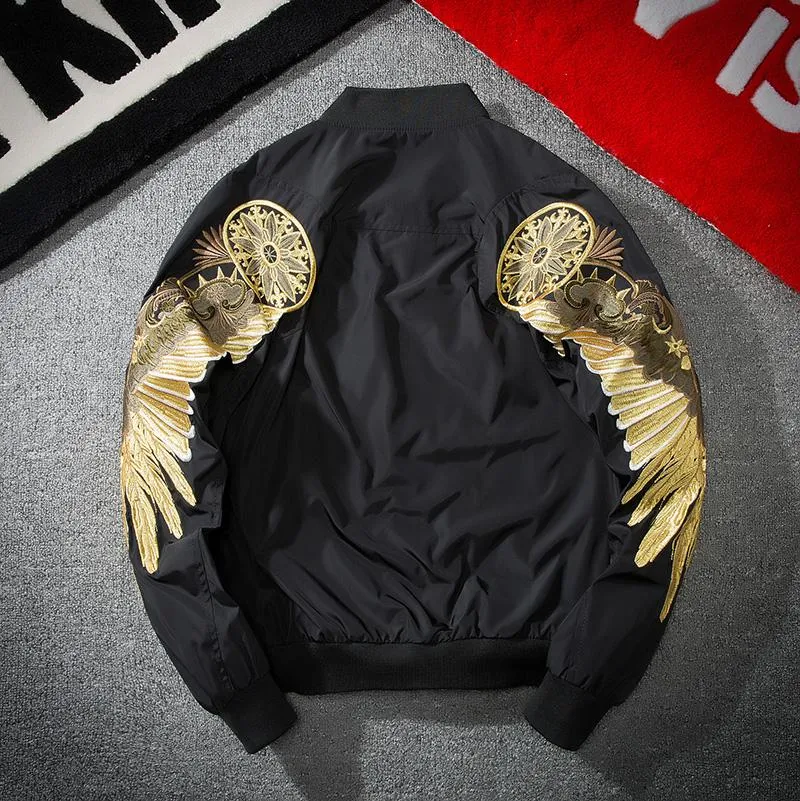 Embroidered Golden Wings Leather Jacket