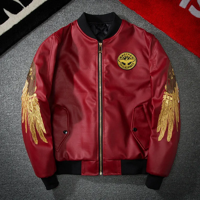 Embroidered Golden Wings Leather Jacket