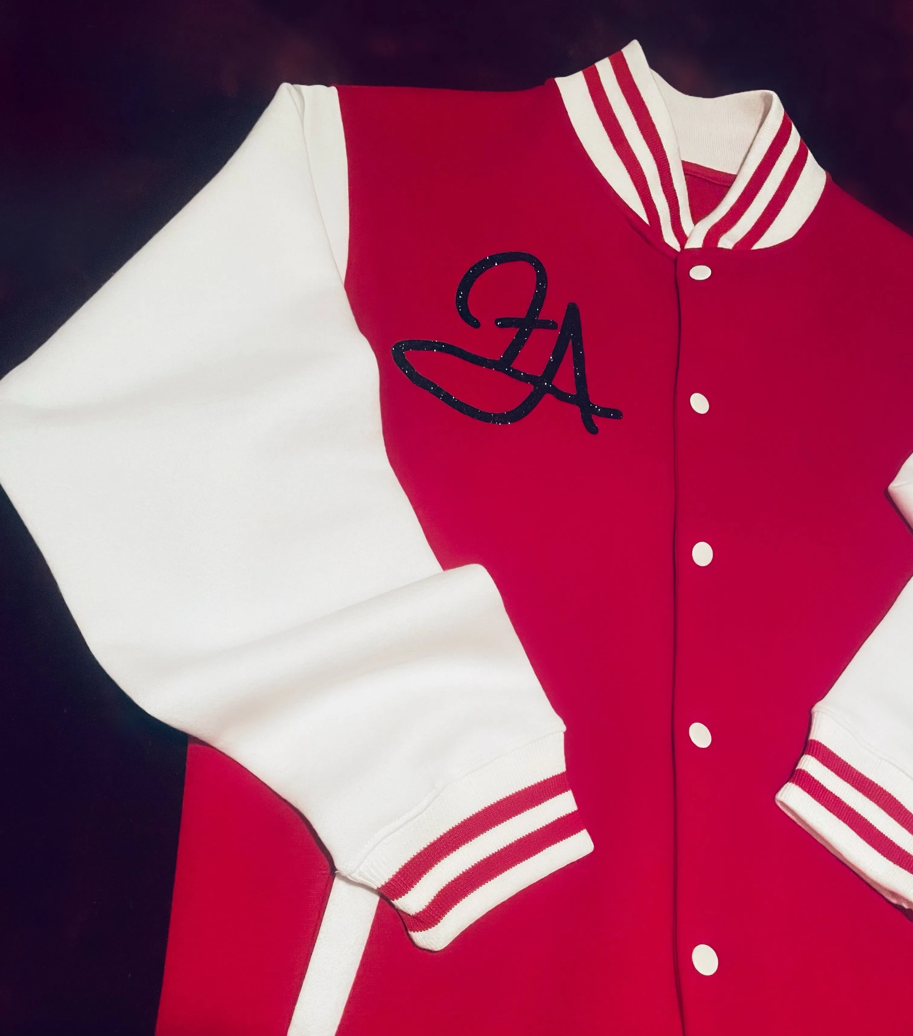 Fallon Aurielle Unisex Signature Aquarius Logo & Name Zodiac Jacket (Red, Black Sparkle & White)