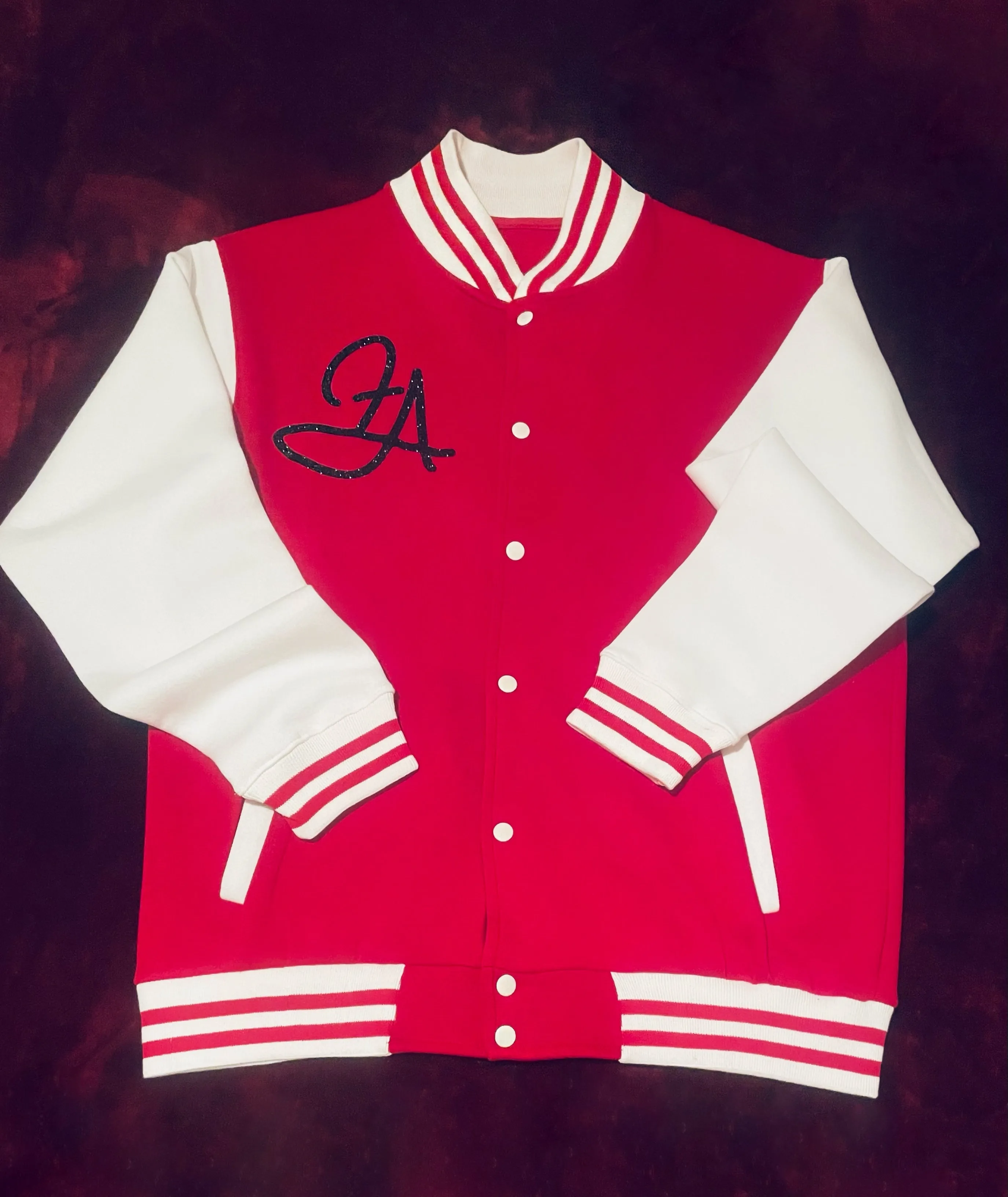 Fallon Aurielle Unisex Signature Aquarius Logo & Name Zodiac Jacket (Red, Black Sparkle & White)
