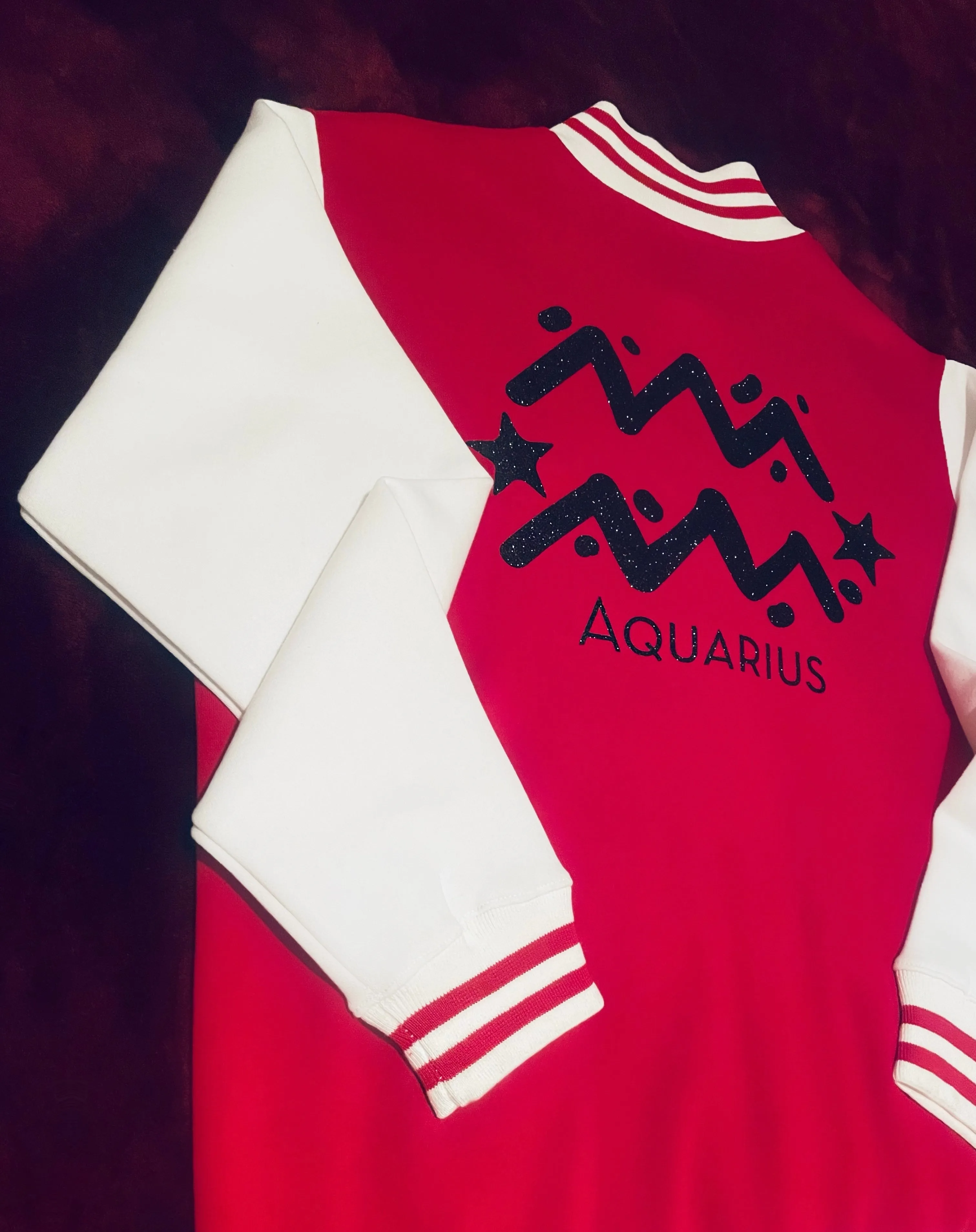 Fallon Aurielle Unisex Signature Aquarius Logo & Name Zodiac Jacket (Red, Black Sparkle & White)