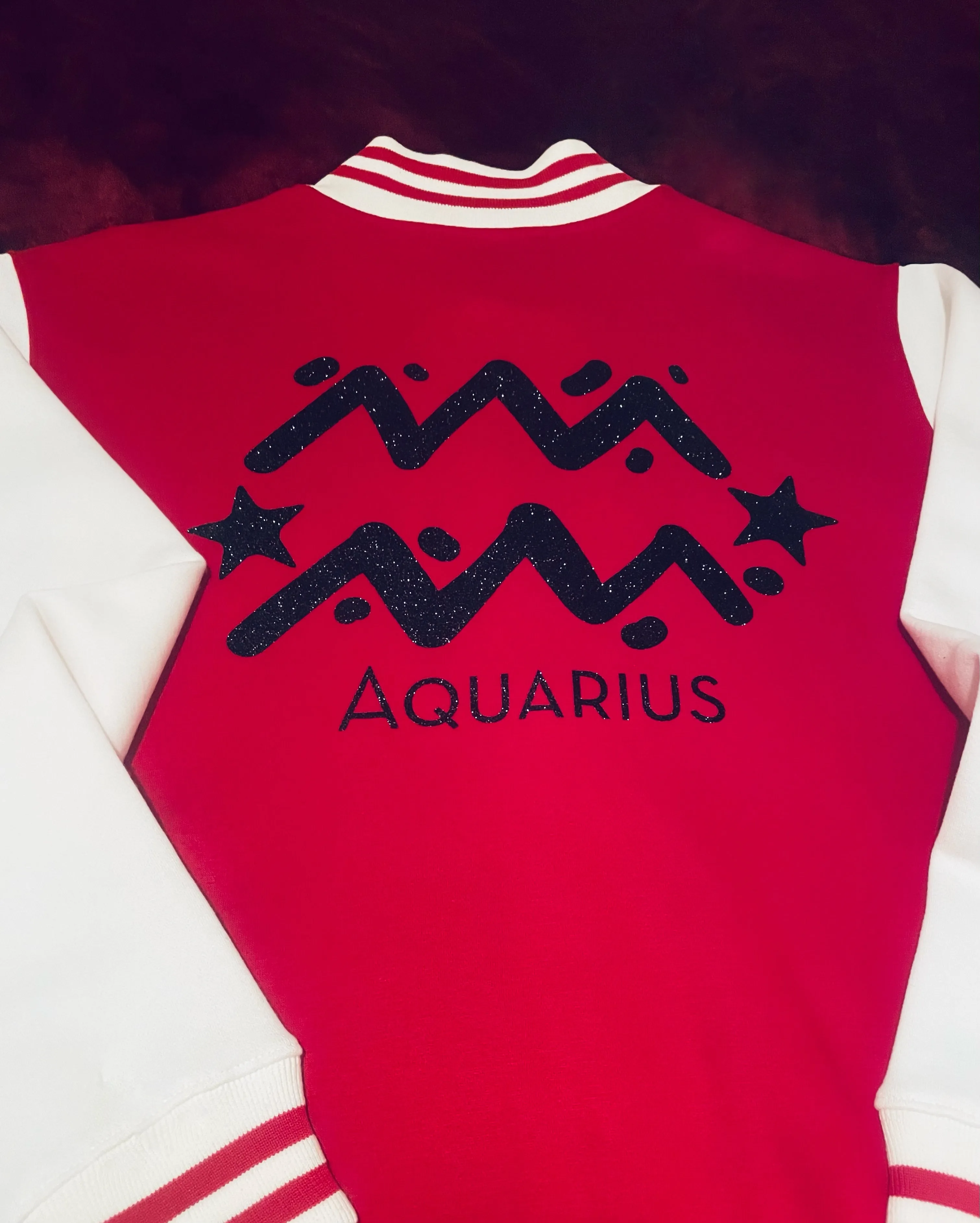 Fallon Aurielle Unisex Signature Aquarius Logo & Name Zodiac Jacket (Red, Black Sparkle & White)