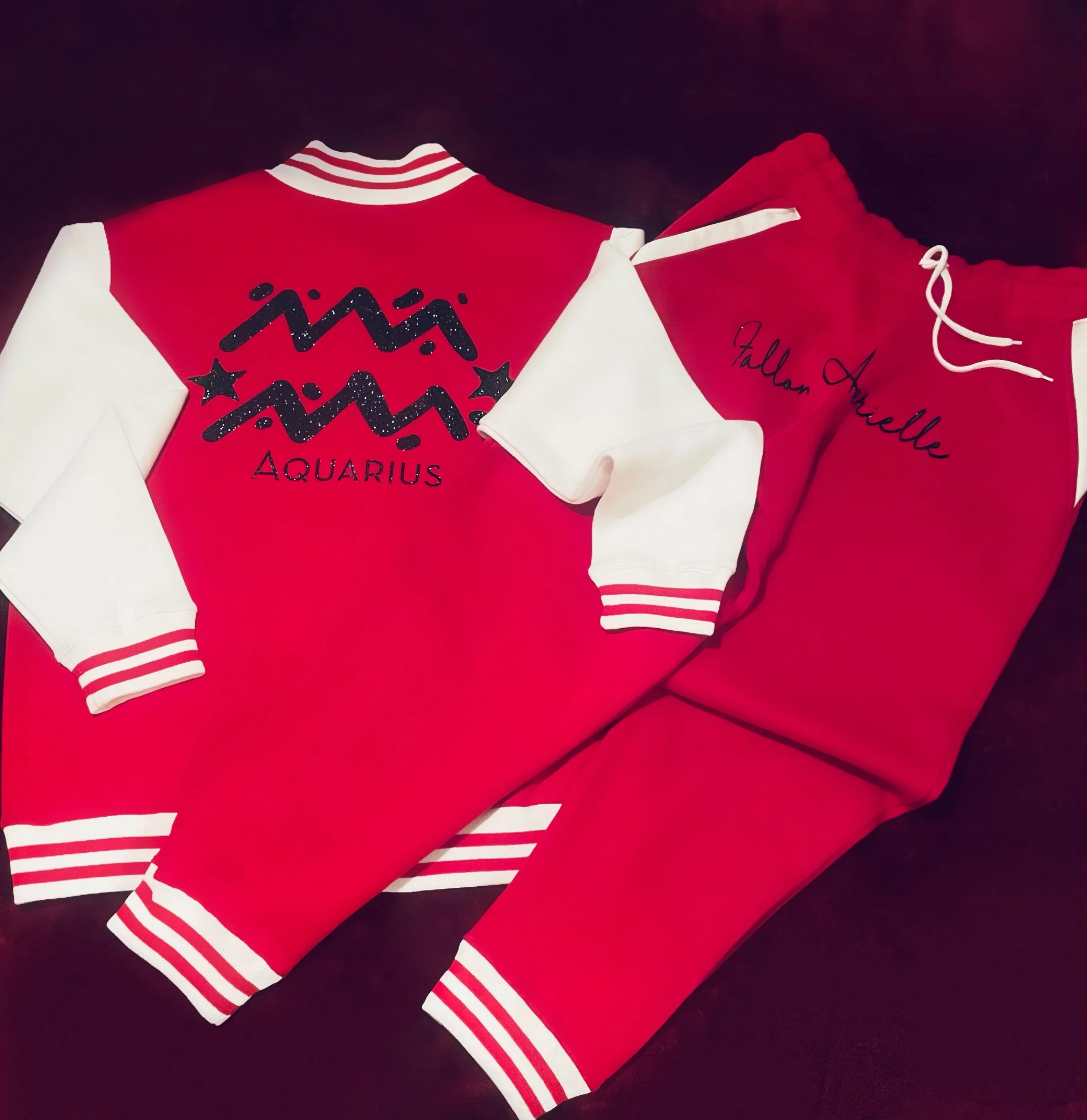 Fallon Aurielle Unisex Signature Aquarius Logo & Name Zodiac Jacket (Red, Black Sparkle & White)