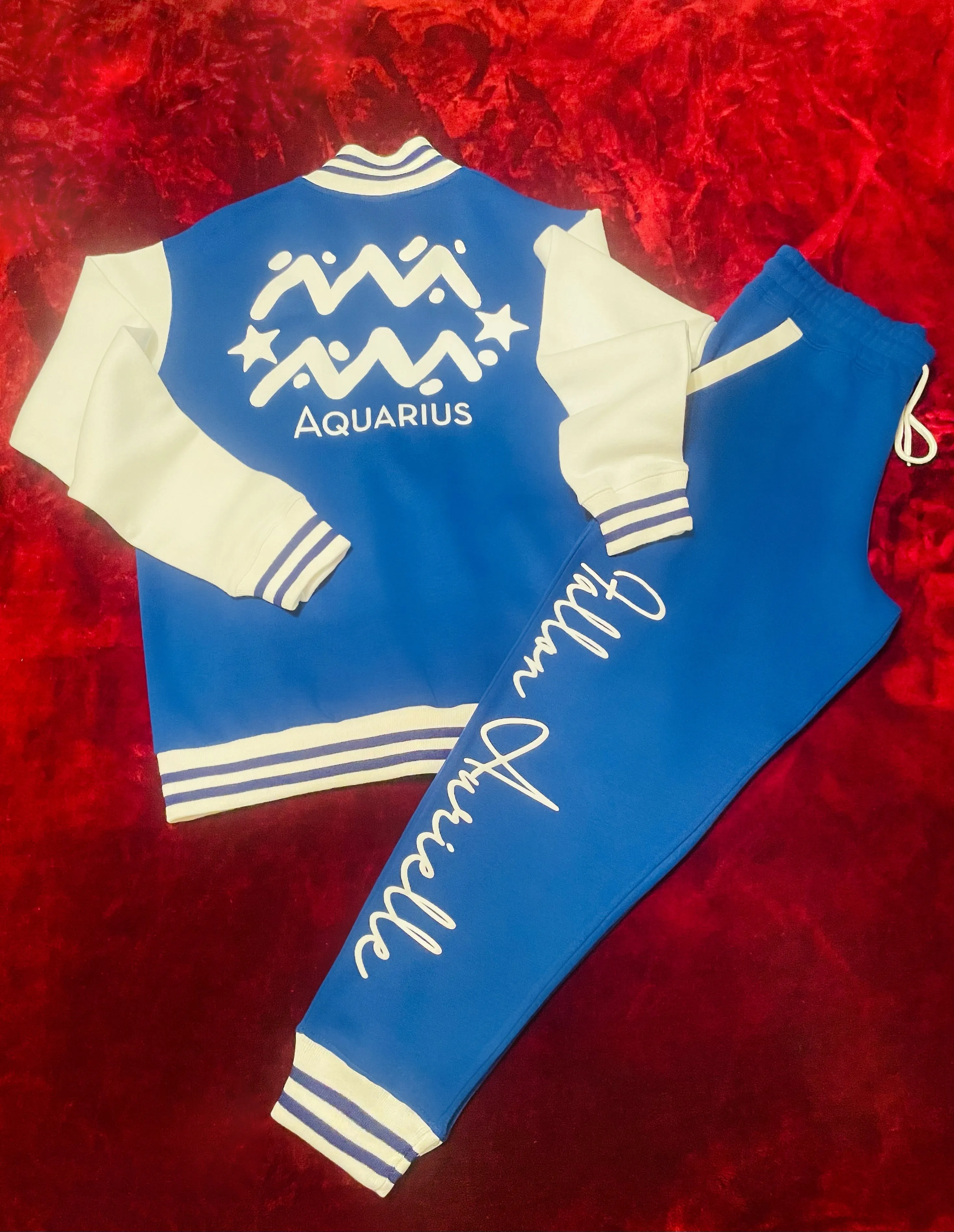 Fallon Aurielle Unisex Signature Aquarius  Logo & Name Zodiac Jacket (Royal Blue & White)