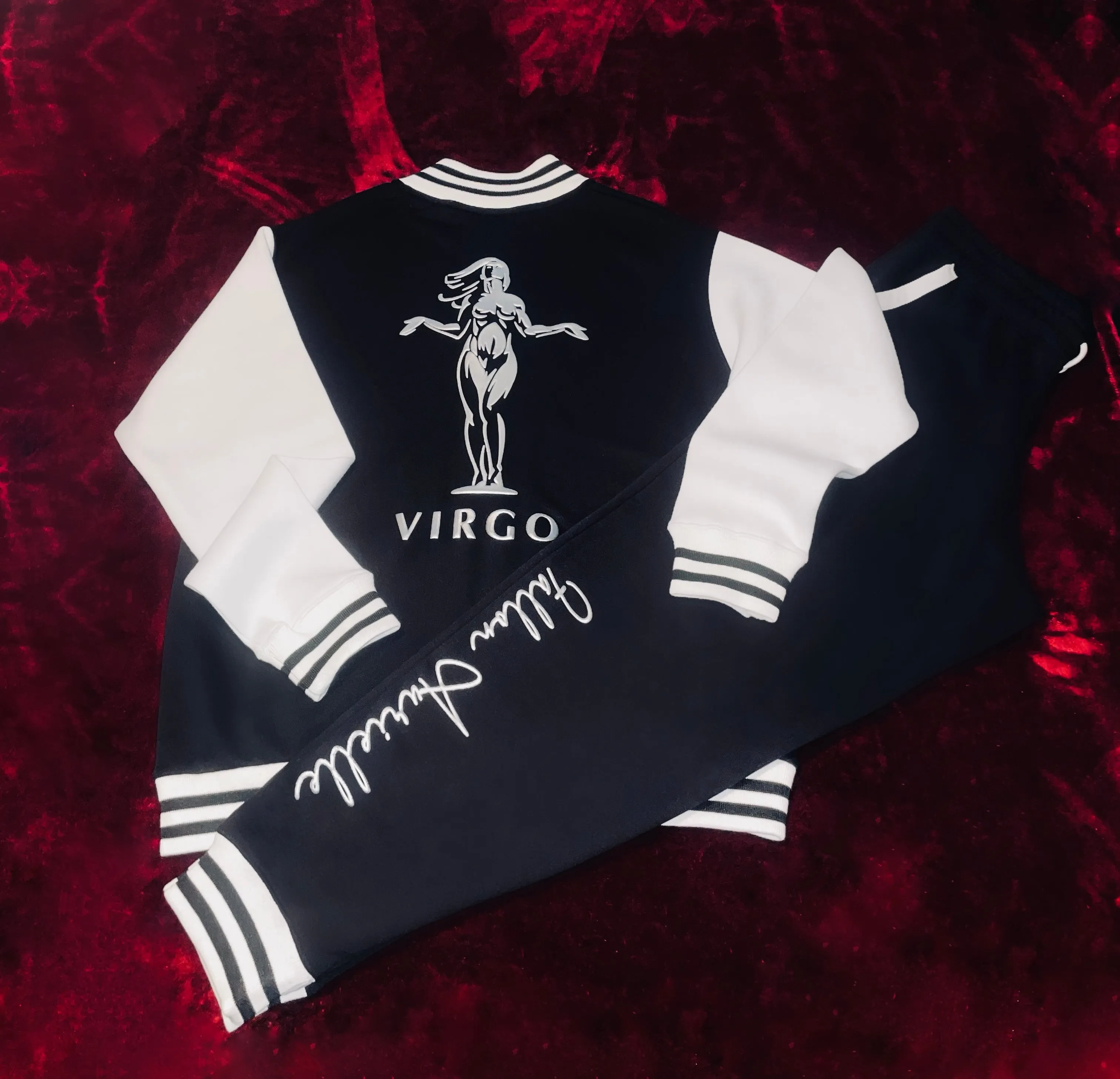 Fallon Aurielle Unisex Signature Virgo Virgin Woman Logo & Name Zodiac Jacket (Black, Metallic Silver & White)