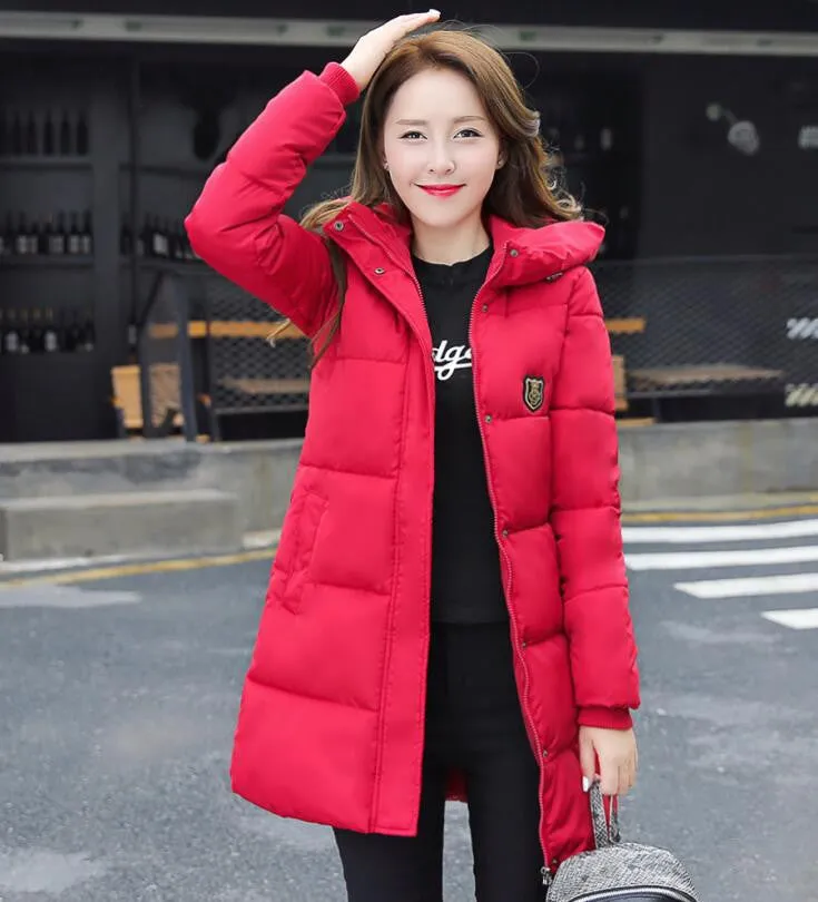 Fashion Long Winter Jacket Women Slim Female Coat Thicken Parka Down Cotton Clothing Red Clothing Hooded Student