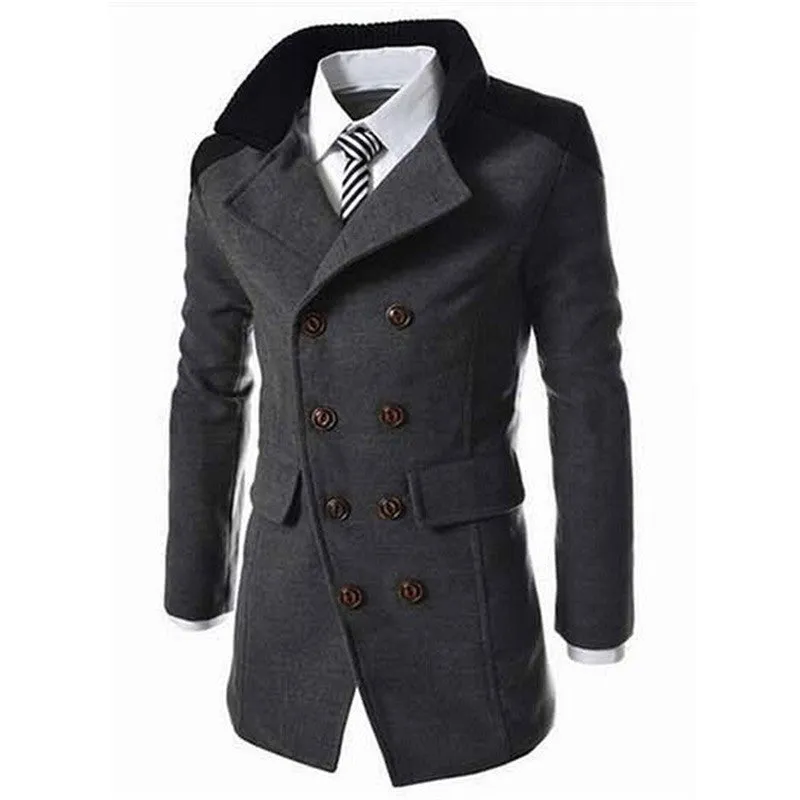 Fashion Men's Coat Turn-down Collar Wool Blend Men Pea Coat Double Breasted Overcoat MWN113