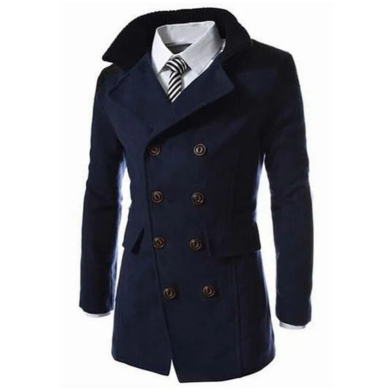 Fashion Men's Coat Turn-down Collar Wool Blend Men Pea Coat Double Breasted Overcoat MWN113