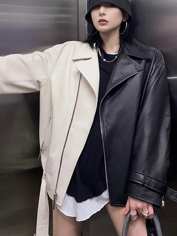 Fashion Moto Biker Faux Soft Leather Jacket with Belt
