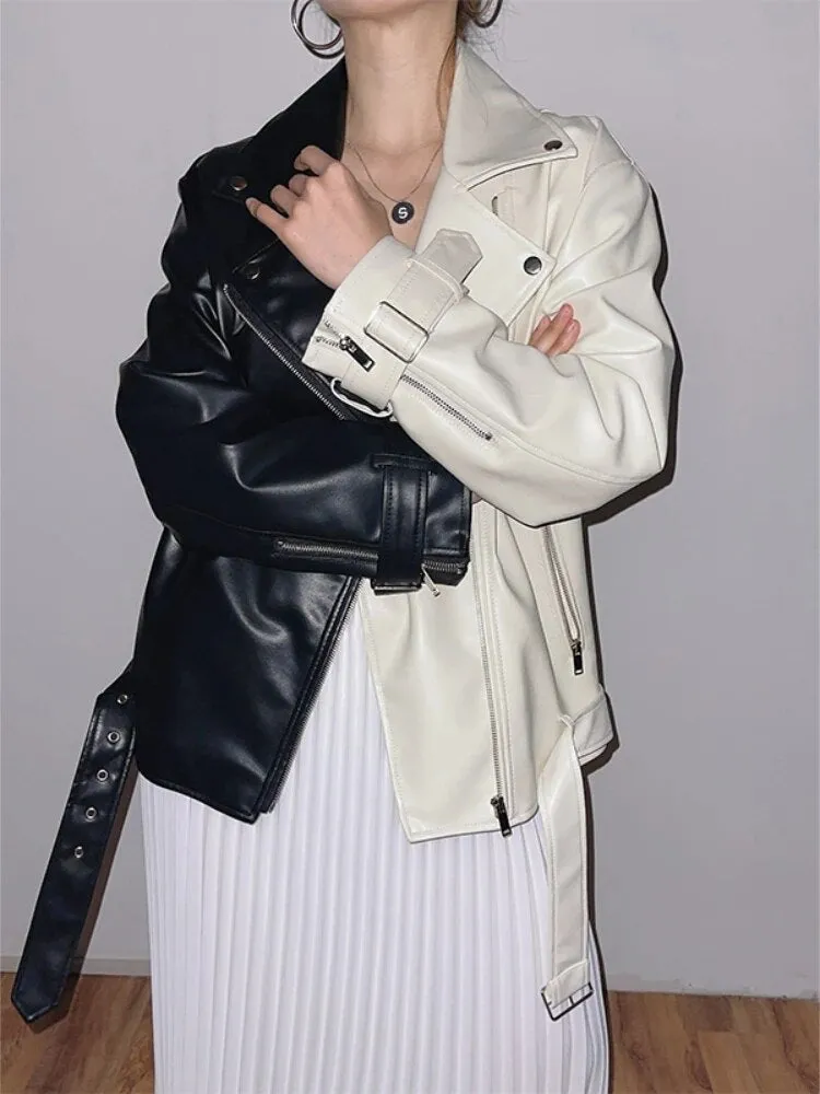 Fashion Moto Biker Faux Soft Leather Jacket with Belt