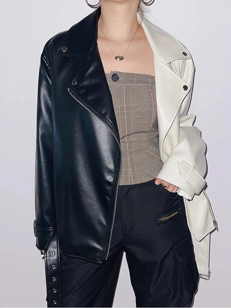 Fashion Moto Biker Faux Soft Leather Jacket with Belt