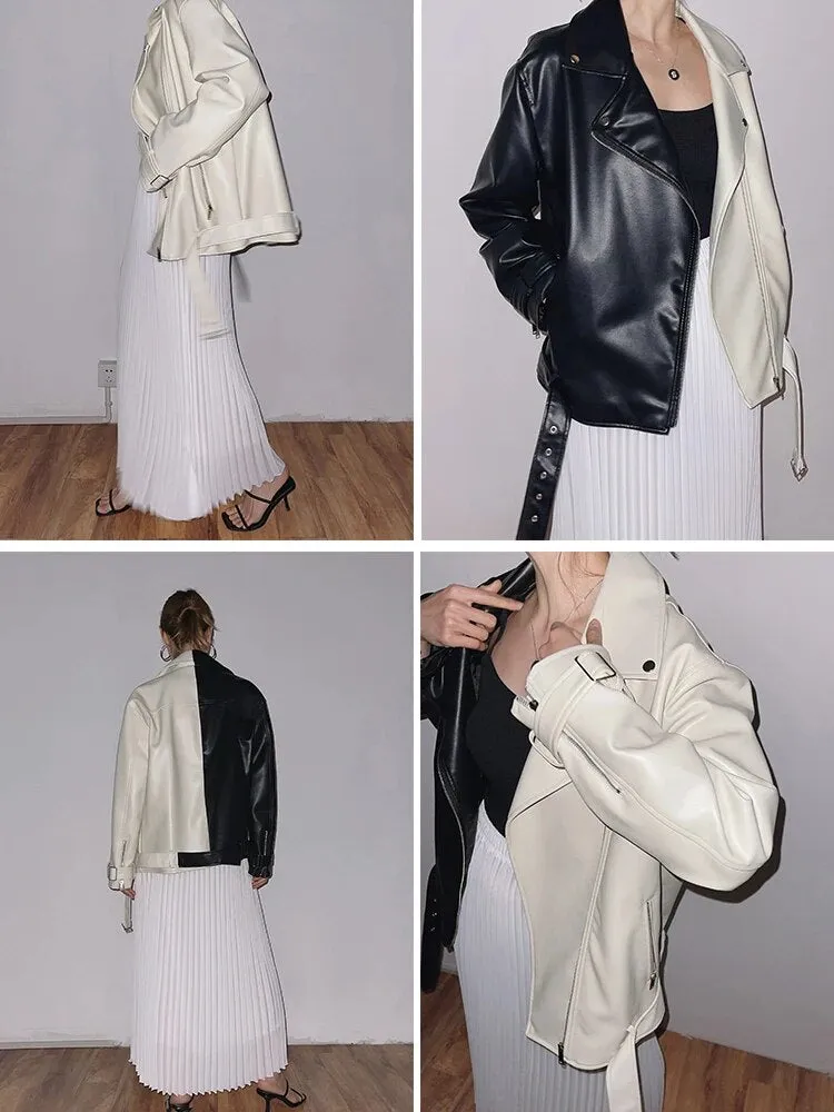 Fashion Moto Biker Faux Soft Leather Jacket with Belt