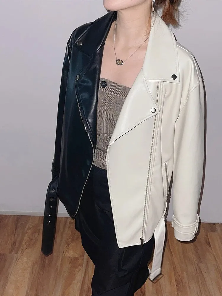 Fashion Moto Biker Faux Soft Leather Jacket with Belt