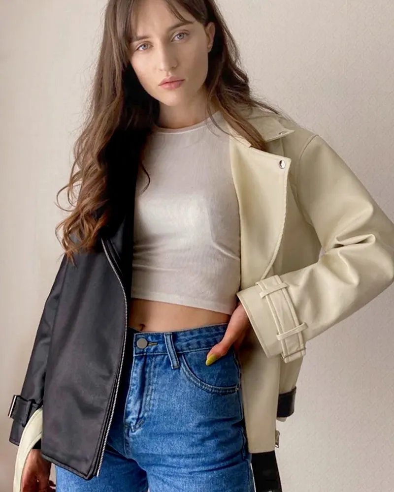 Fashion Moto Biker Faux Soft Leather Jacket with Belt